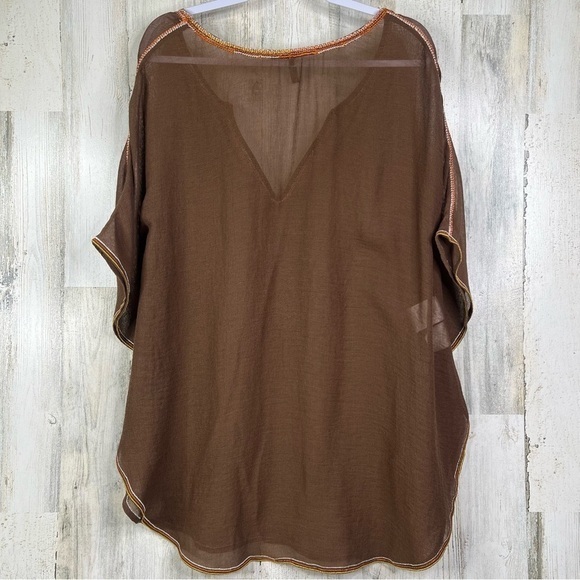 BCBGMAXAZRIA Beach Cover Up Top‎ with beaded neckline Womens Sheer Shirt OS - Picture 3 of 15